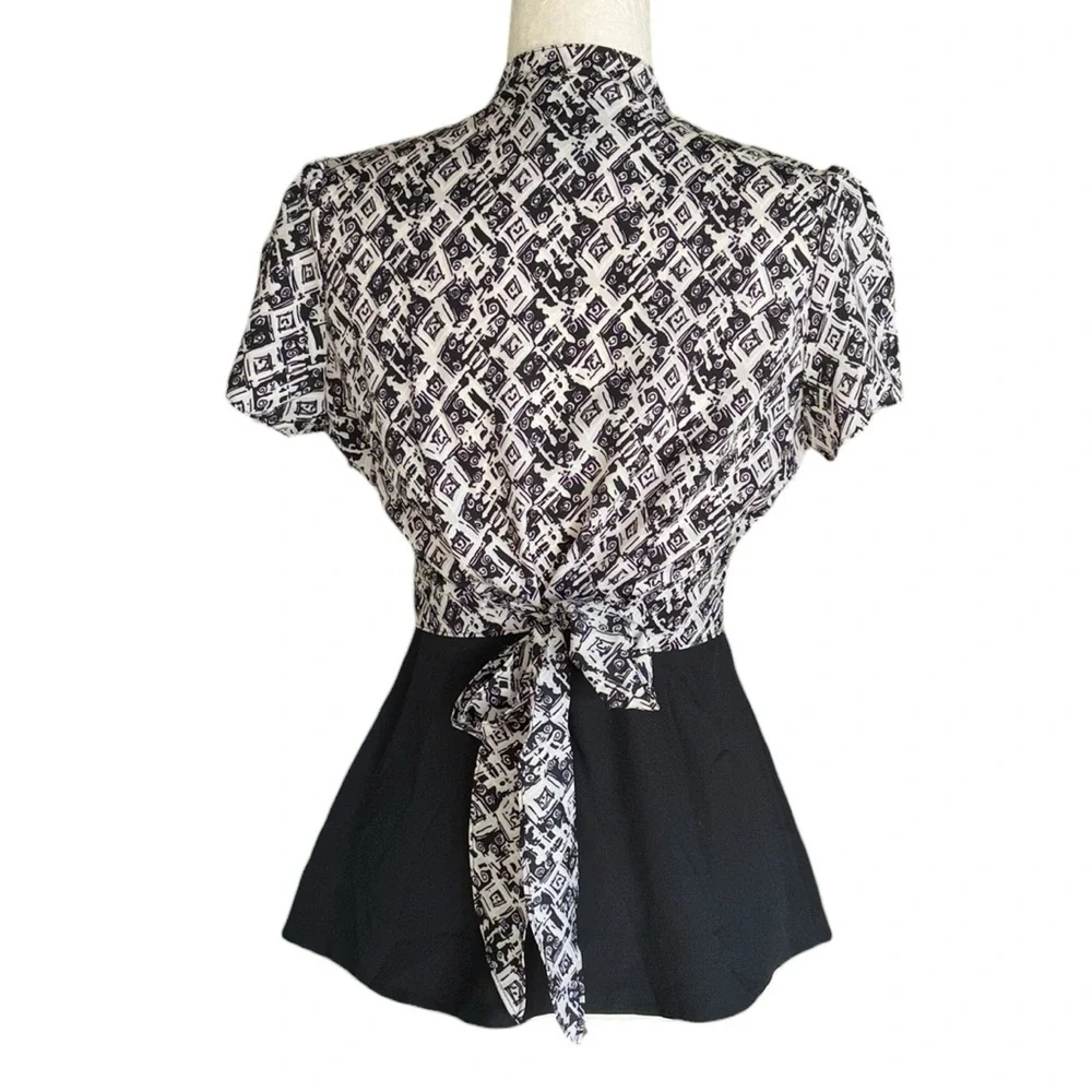 LN Anthropologie Girls From Savoy Black & White Bow Tie Back Peplum Blouse - 4